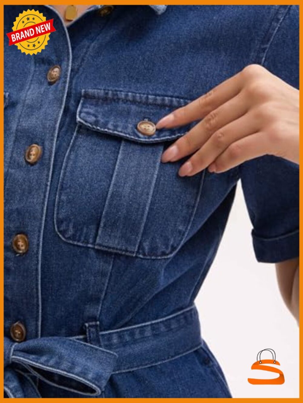Denim Button Down Dress with Belt and Pockets - Picture 6 of 6